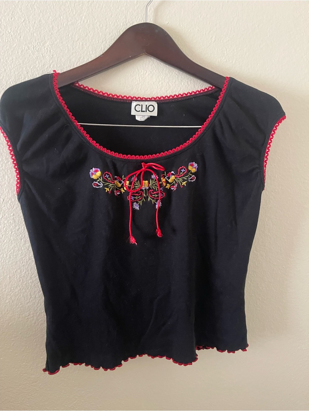 Clio Black Embroidered Tie-Front Cap Sleeve Blouse Contrast Stitch